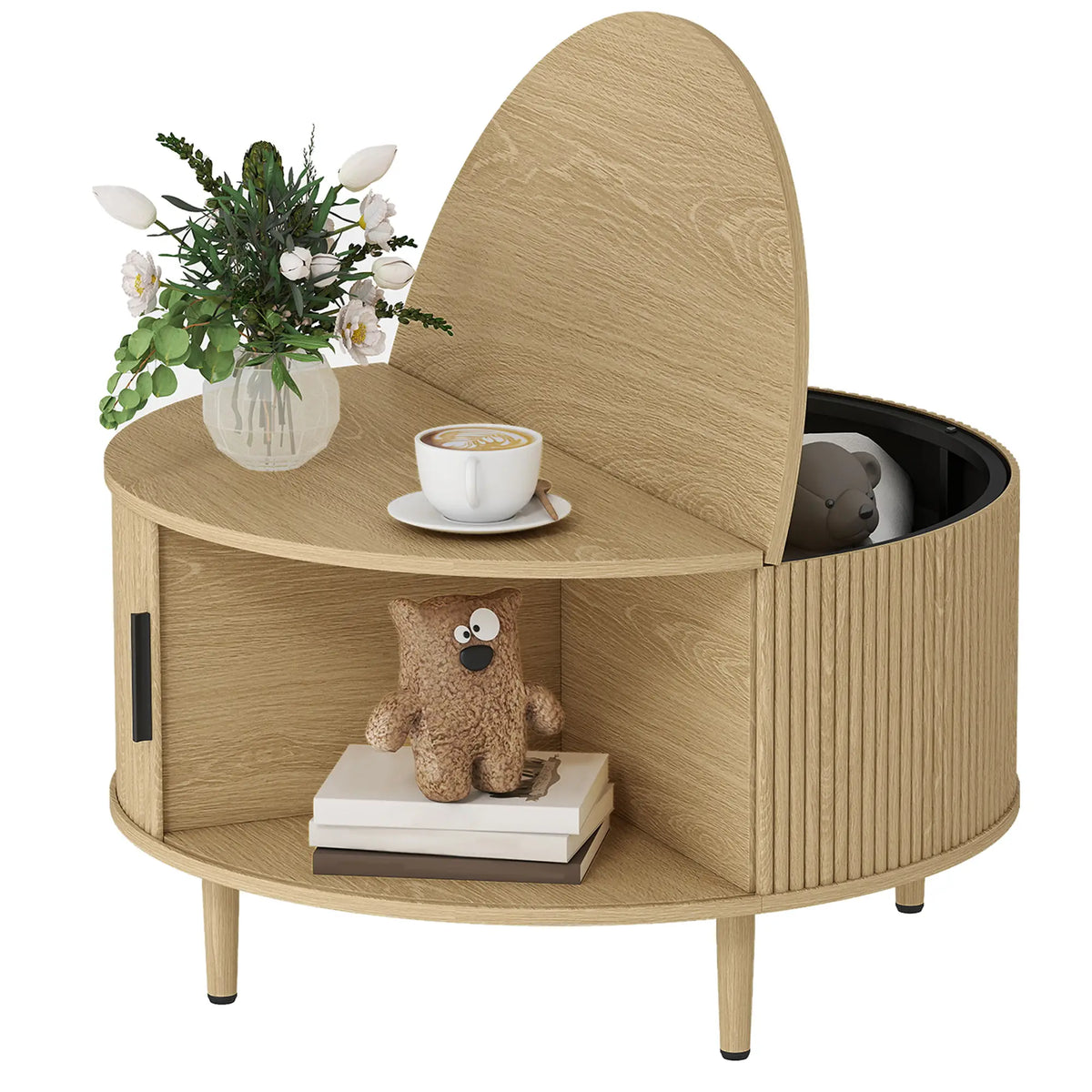 31.5" Round Coffee Table, Storage, Sliding Door, Natural Coffee Tables Natural Wood Effect at Gallery Canada