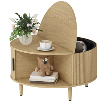 31.5" Round Coffee Table, Storage, Sliding Door, Natural Coffee Tables Natural Wood Effect at Gallery Canada