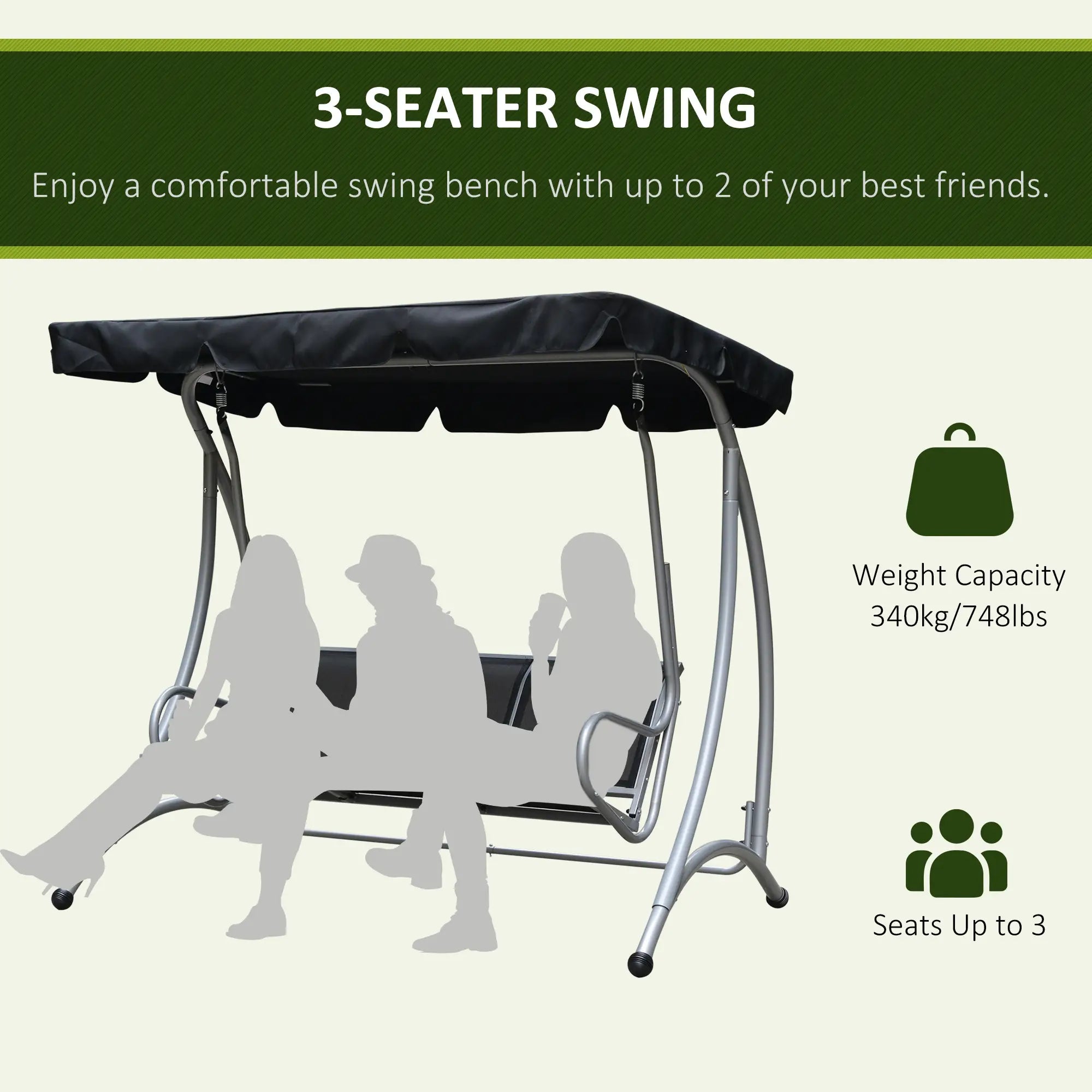 3-Seater Outdoor Swing Bench, Adjustable Canopy, Black Porch Swings with Canopy at Gallery Canada
