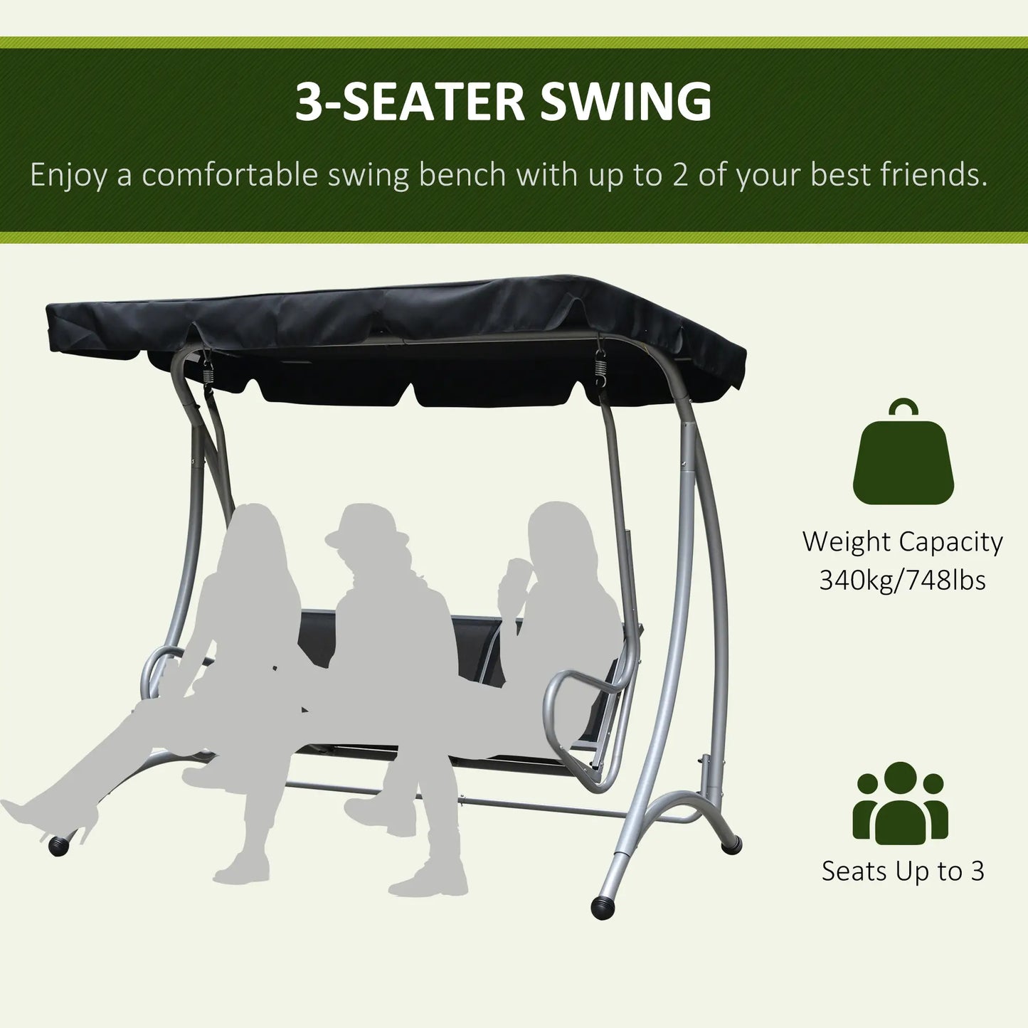 3-Seater Outdoor Swing Bench, Adjustable Canopy, Black Porch Swings with Canopy at Gallery Canada