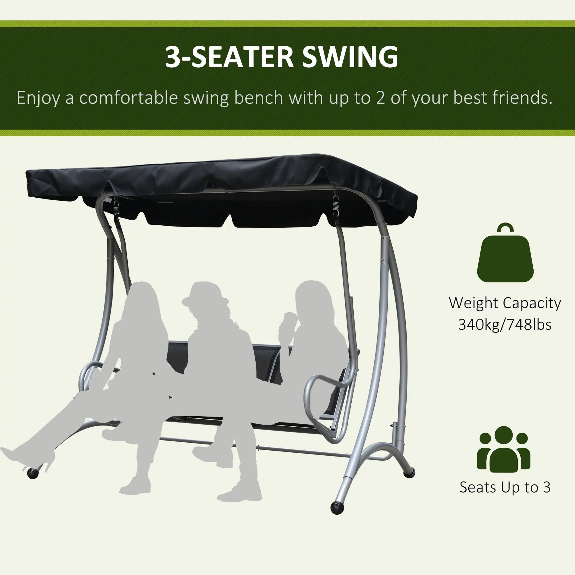 3-Seater Outdoor Swing Bench, Adjustable Canopy, Black Porch Swings with Canopy at Gallery Canada