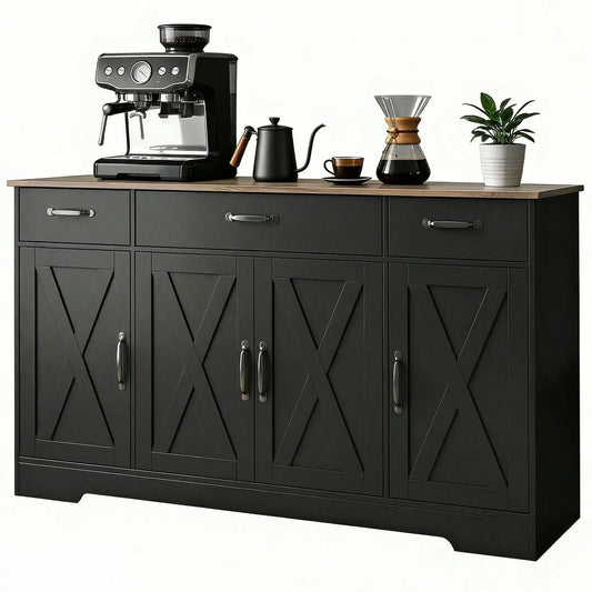 55" Sideboard Buffet Cabinet, Farmhouse Kitchen, 4 Barn Doors, 3 Drawers, Black Bar Cabinets Black, Dark Brown at Gallery Canada