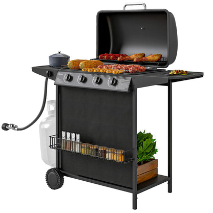4+1 Burner Propane Gas BBQ Grill, Portable With Side Burner, Thermometer, Black Propane Gas Grills Black at Gallery Canada