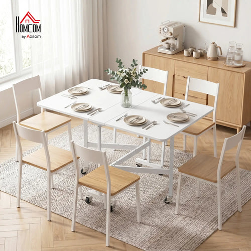 Six-Seater Drop-Leaf Dining Table with Wheels, White