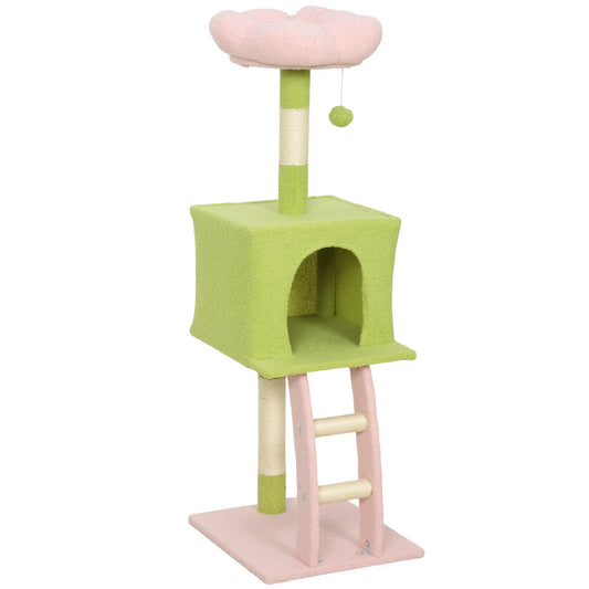 48 Inch Flower Cat Tree, Scratching Post, Cozy Bed, Condo, Green Cat Towers Pink, Green, Cream White at Gallery Canada
