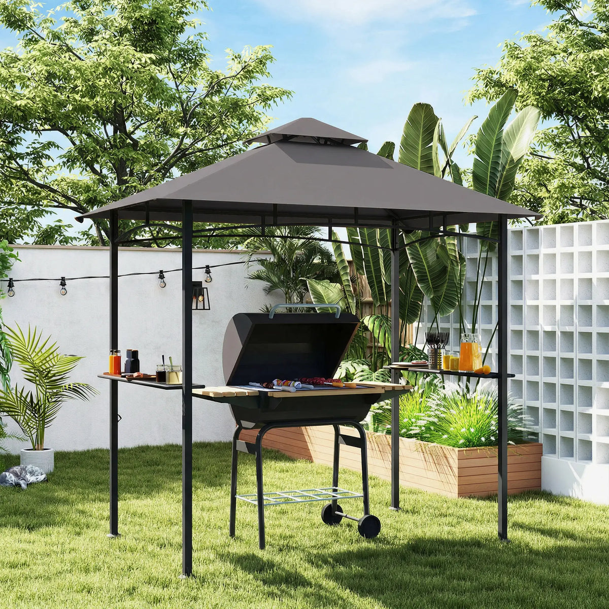 8' x 5' BBQ Grill Gazebo Tent, Double Tiered Canopy, Dark Grey BBQ Grill Gazebos at Gallery Canada