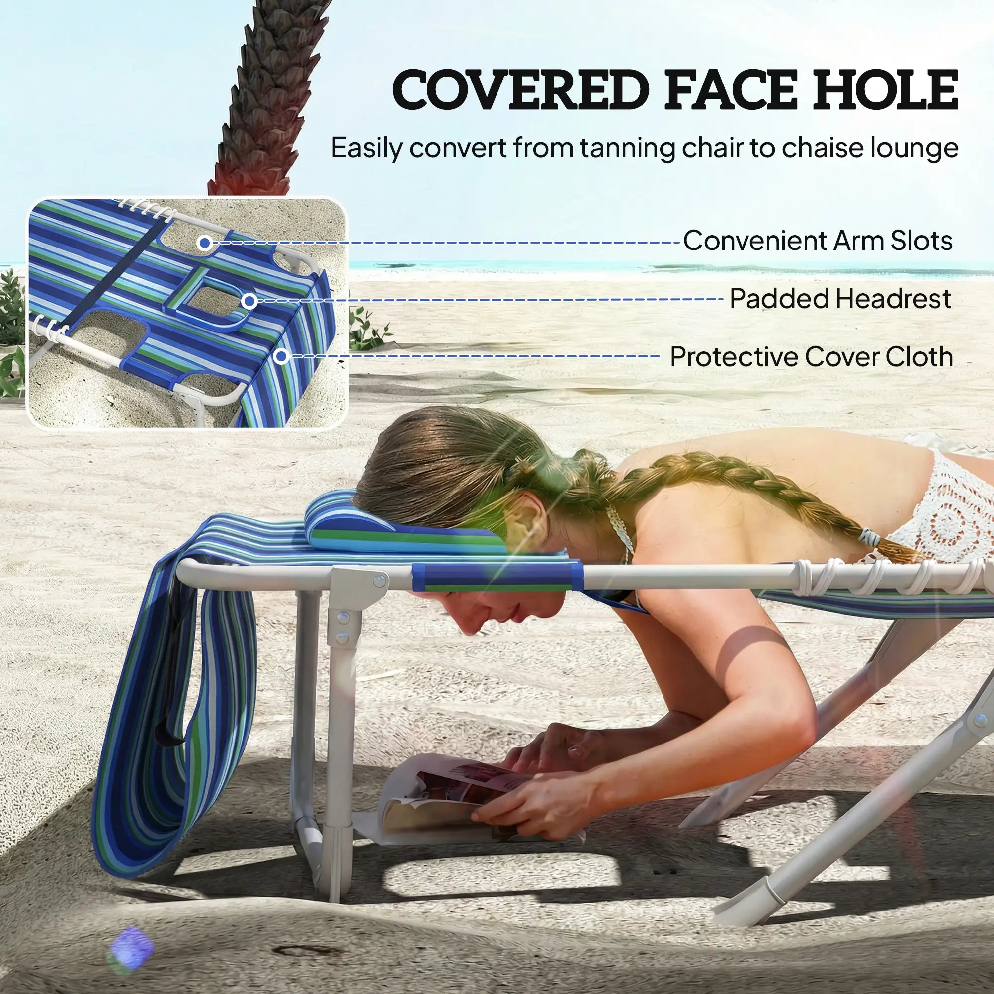 Folding Outdoor Lounge Chair, With Face Hole And Side Table, Blue Stripe Lounger Chairs at Gallery Canada