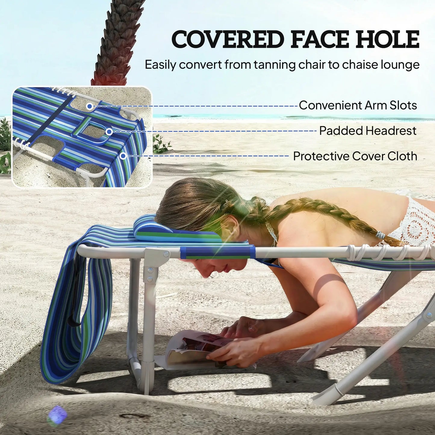 Folding Outdoor Lounge Chair, With Face Hole And Side Table, Blue Stripe Lounger Chairs at Gallery Canada
