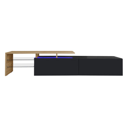TV Cabinet With Glass Shelves, LED Lighting, 67" L x 13" W x 13" H, Natural, Black TV Stands Black, Natural at Gallery Canada