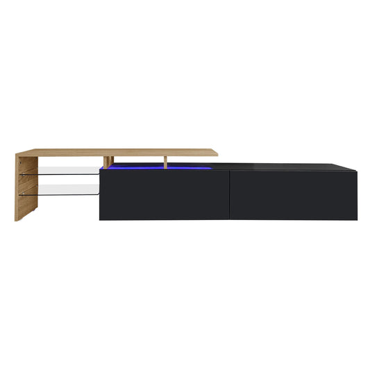 TV Cabinet With Glass Shelves, LED Lighting, 67" L x 13" W x 13" H, Natural, Black TV Stands Black, Natural at Gallery Canada