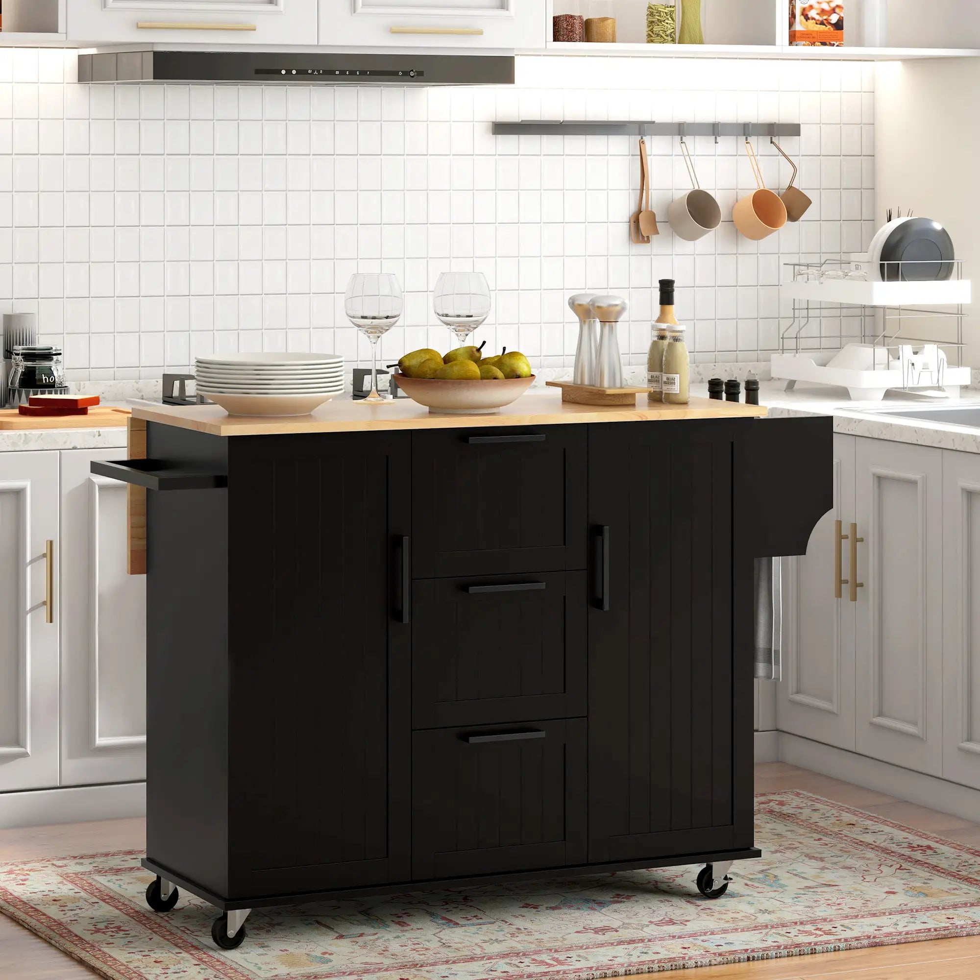 Rolling Kitchen Cart, Drop Leaf, 3 Drawers, Solid Wood Top, Black Kitchen Islands & Kitchen Carts at Gallery Canada