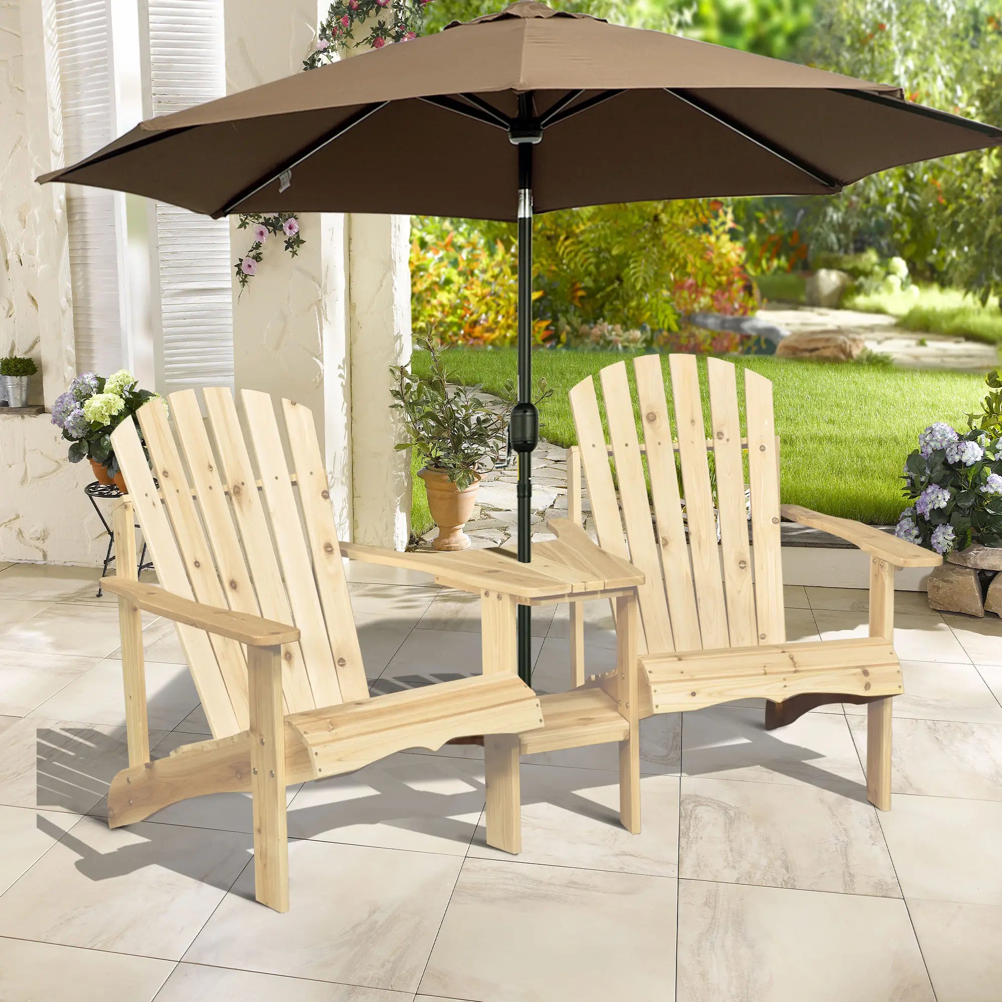 2 Piece Wood Adirondack Chair, Porch Bench w/ Table, Natural Patio Chairs at Gallery Canada