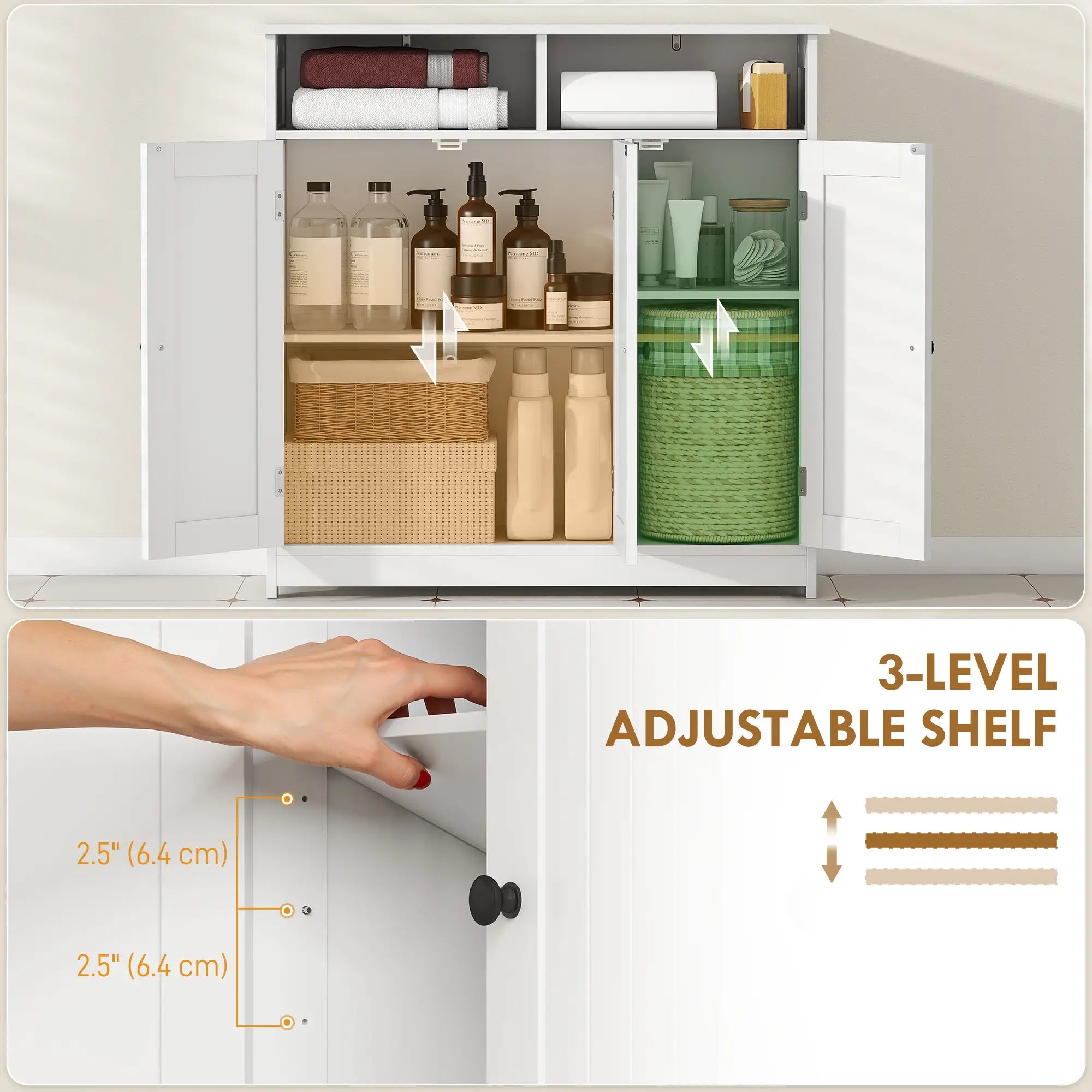 Freestanding Bathroom Floor Cabinet, 3 Doors, 2 Shelves, Adjustable, White Freestanding Bathroom Cabinets at Gallery Canada