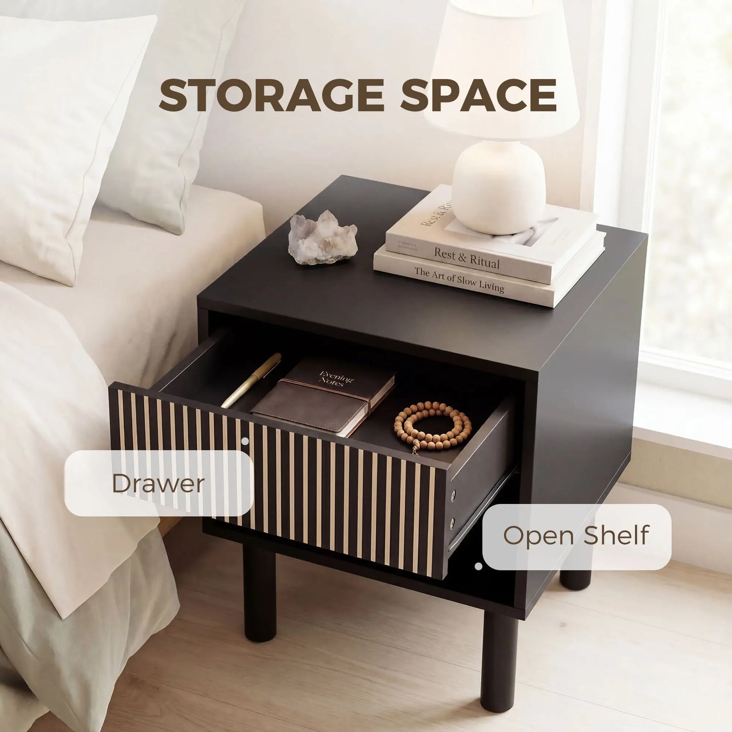 Modern Bedside Table with Drawer and Open Shelf, Sofa Side Table for Bedroom Living Room, Black Bedside Tables at Gallery Canada