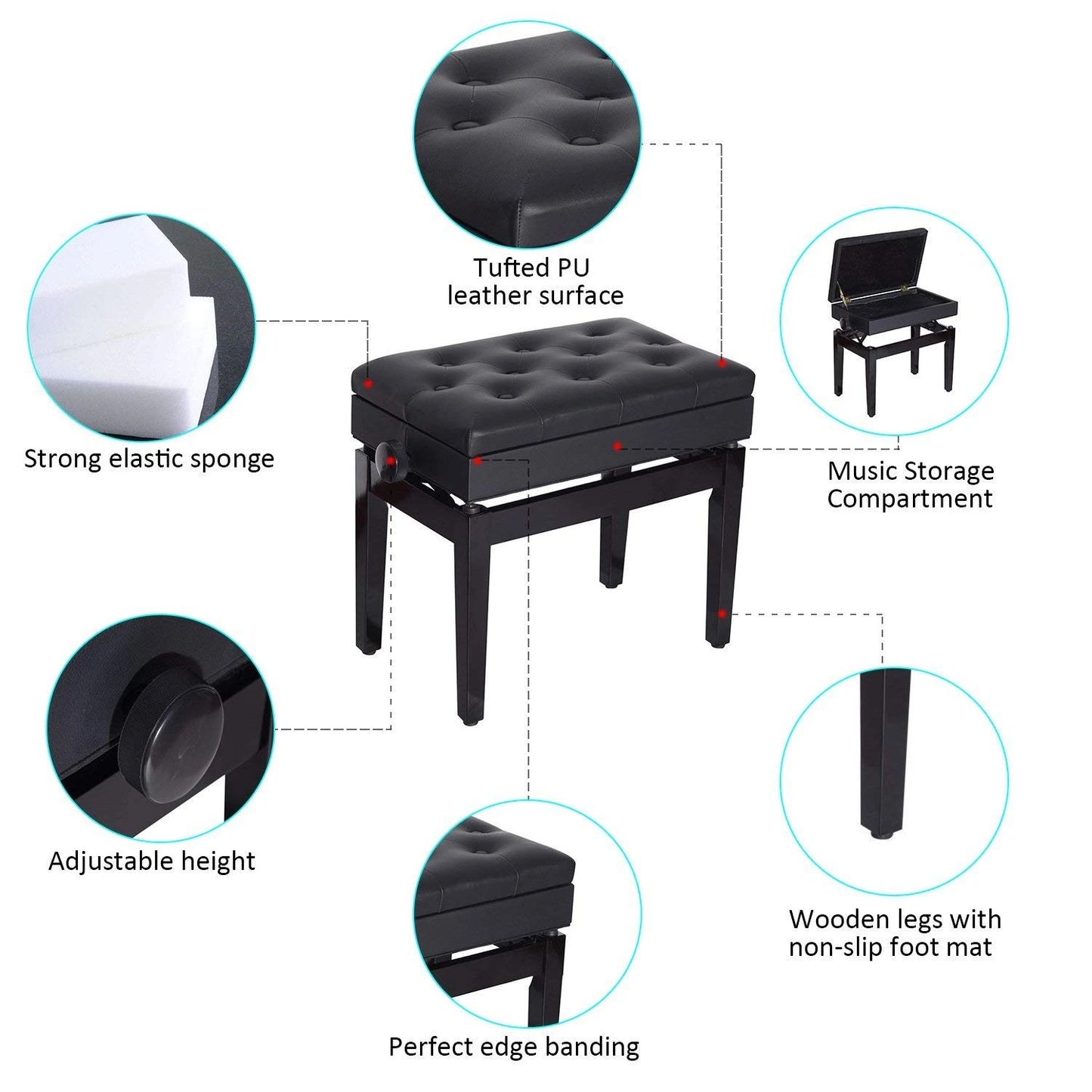 Adjustable Piano Bench, Storage, Soft PU Leather Padded, Black Piano Benches at Gallery Canada
