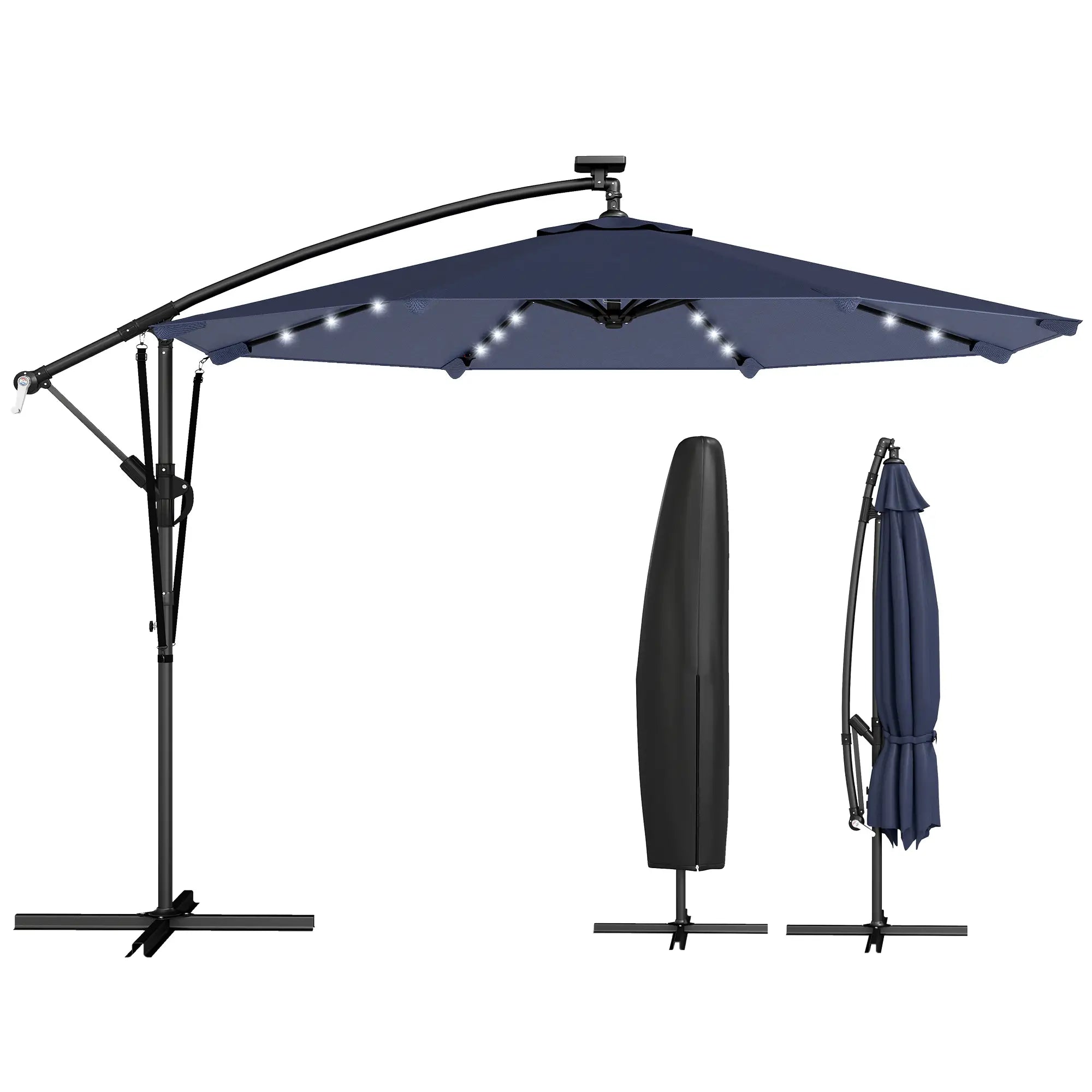 9.7ft Solar LED Cantilever Patio Umbrella, 32 LED Lights, Dark Blue Offset Cantilever Umbrellas at Gallery Canada