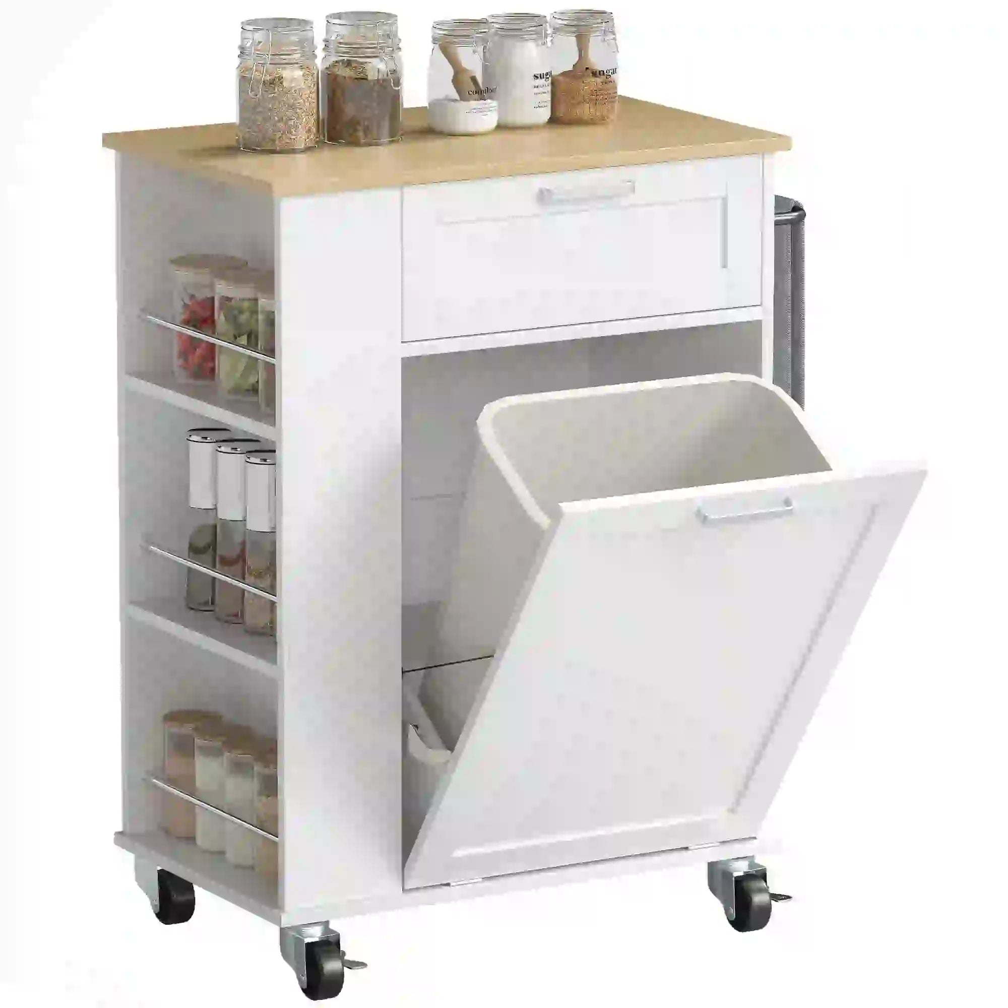 Rolling Kitchen Island with Trash Can Storage, Spice Rack, Drawer, White Kitchen Islands & Kitchen Carts at Gallery Canada