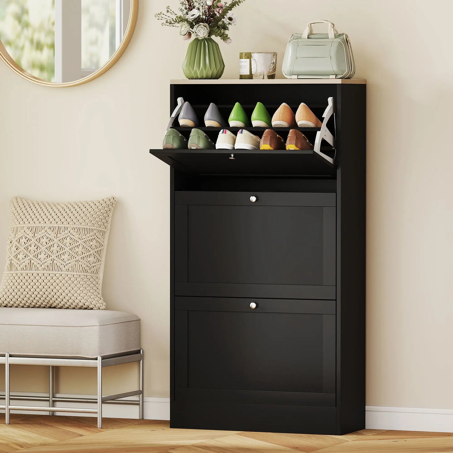 Modern Shoe Storage, 3 Flip Drawers, Adjustable Shelves, 18 Pairs, Black Shoe Storage Cabinets & Racks at Gallery Canada