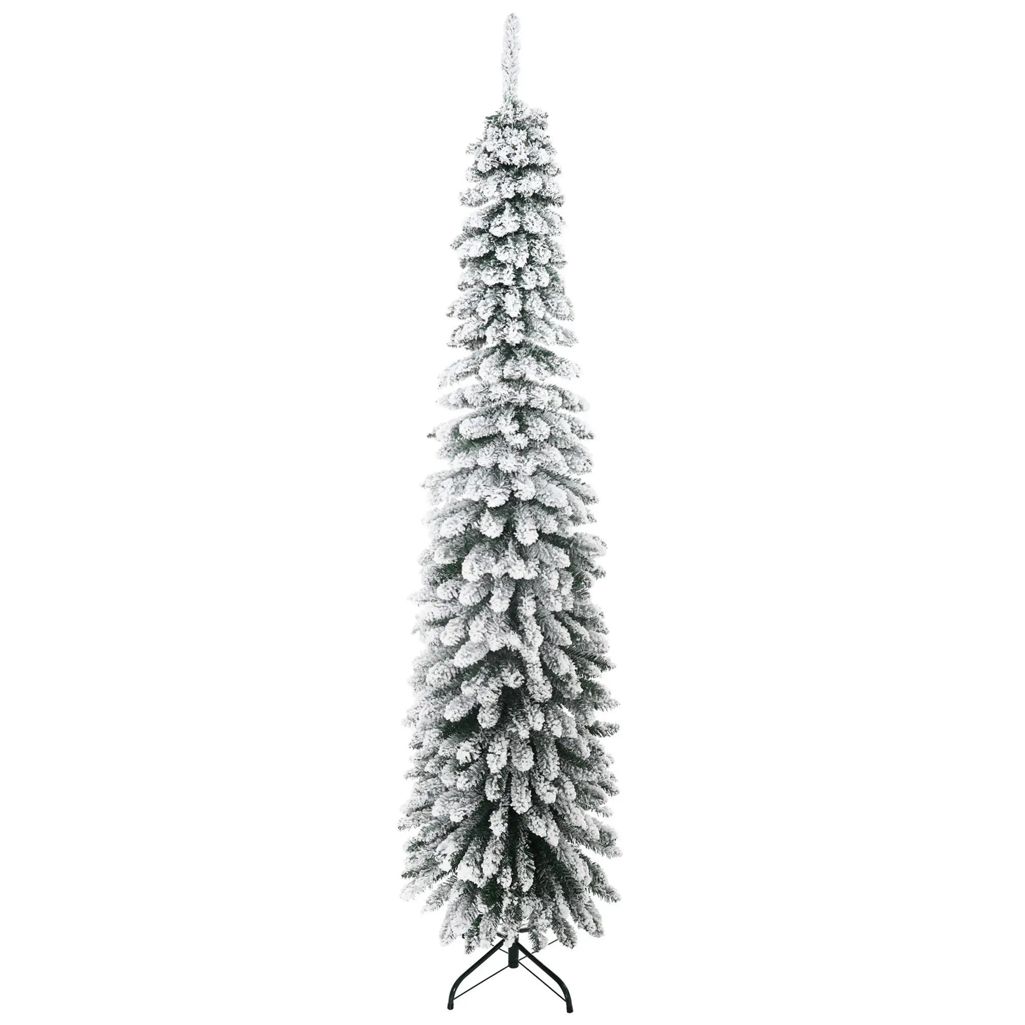 7ft Snow-Flocked Artificial Christmas Tree, Slim Pencil, 490 Branches, Metal Base, Green Pencil Christmas Trees at Gallery Canada