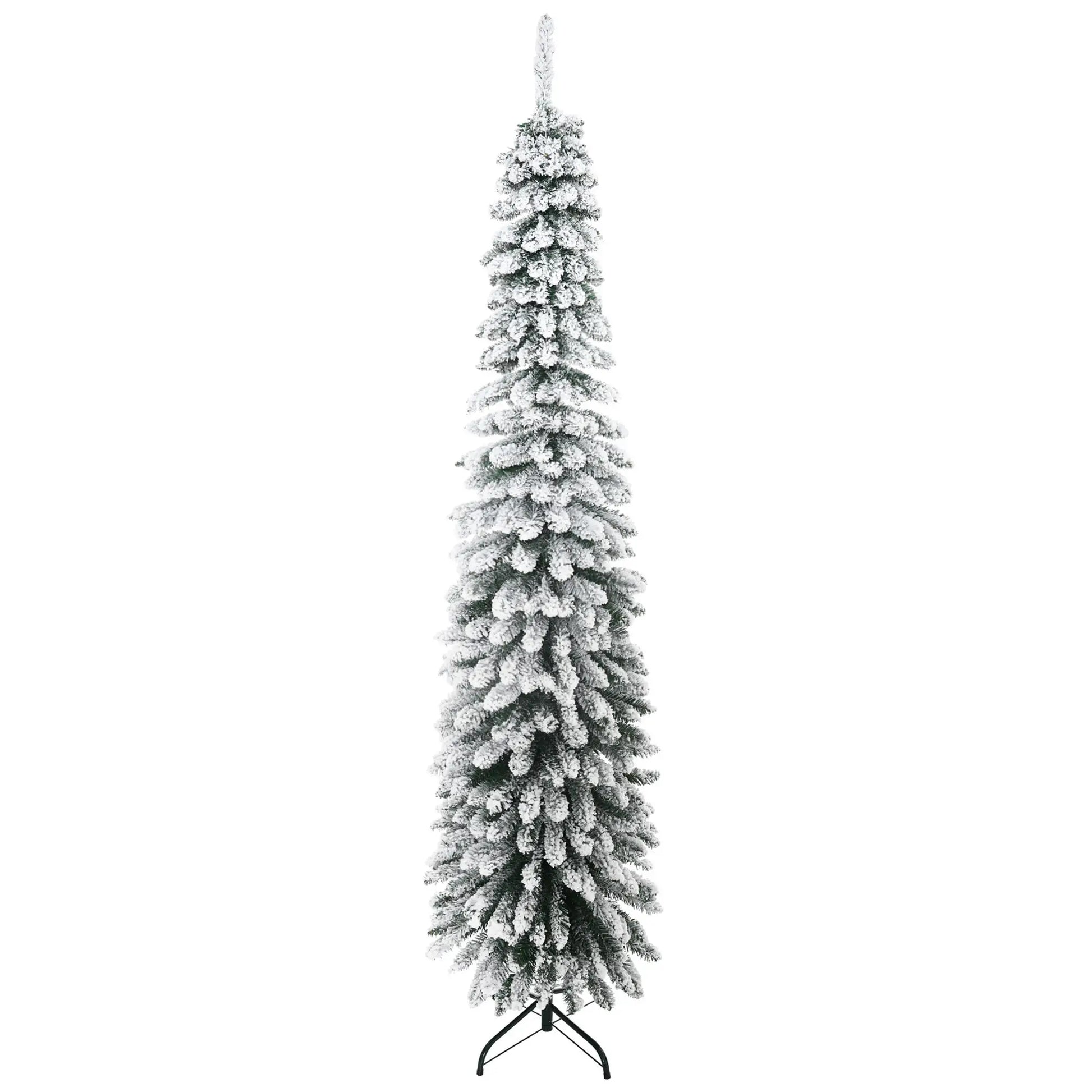 7ft Snow-Flocked Artificial Christmas Tree, Slim Pencil, 490 Branches, Metal Base, Green Pencil Christmas Trees at Gallery Canada