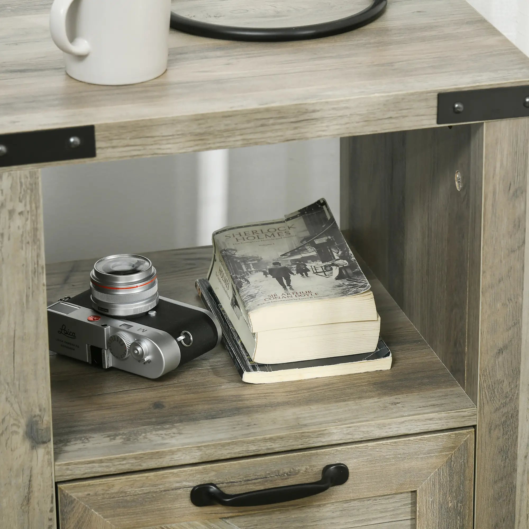 Farmhouse Side Table with Storage, Drawer, Open Shelf, Grey Side Tables at Gallery Canada