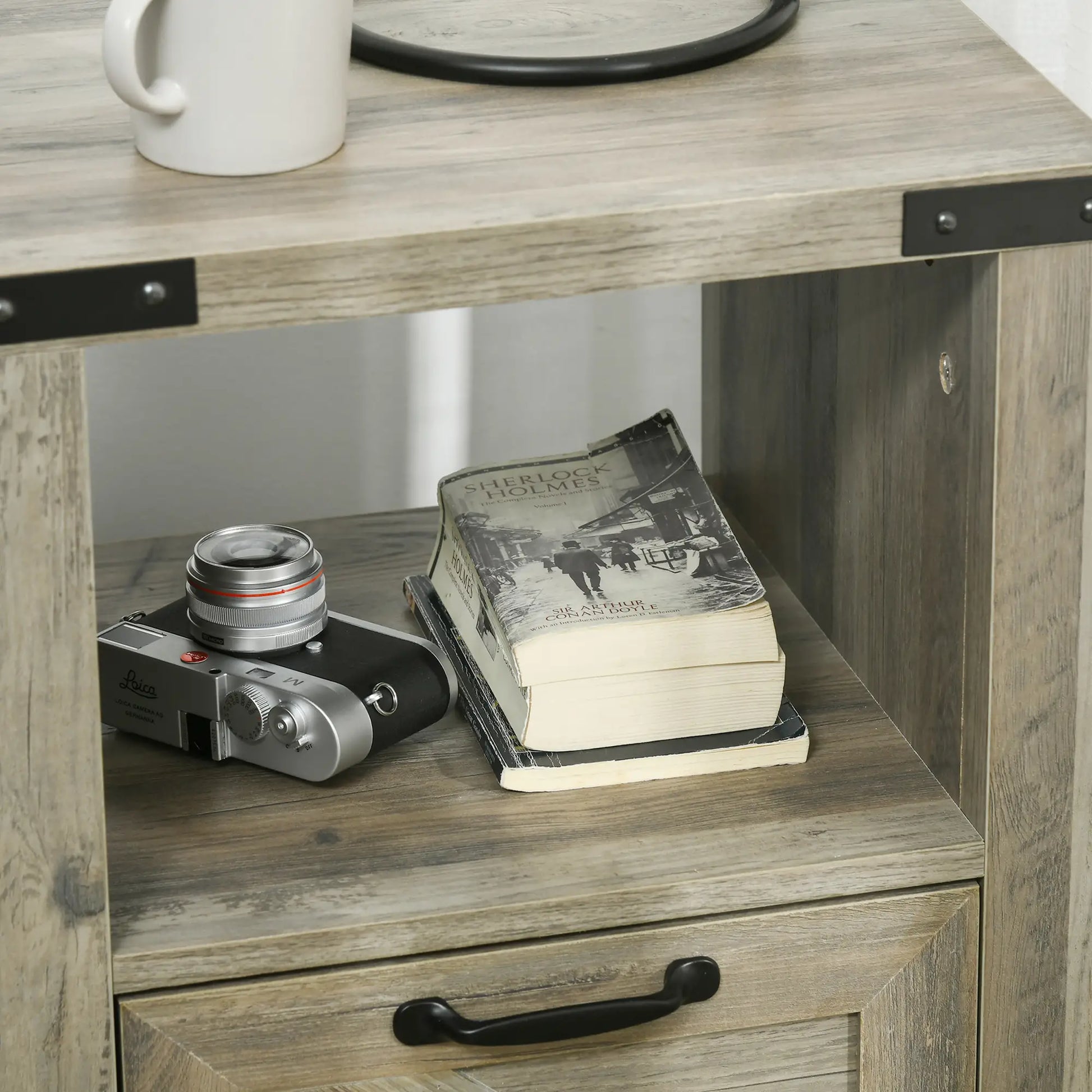 Farmhouse Side Table with Storage, Drawer, Open Shelf, Grey Side Tables at Gallery Canada