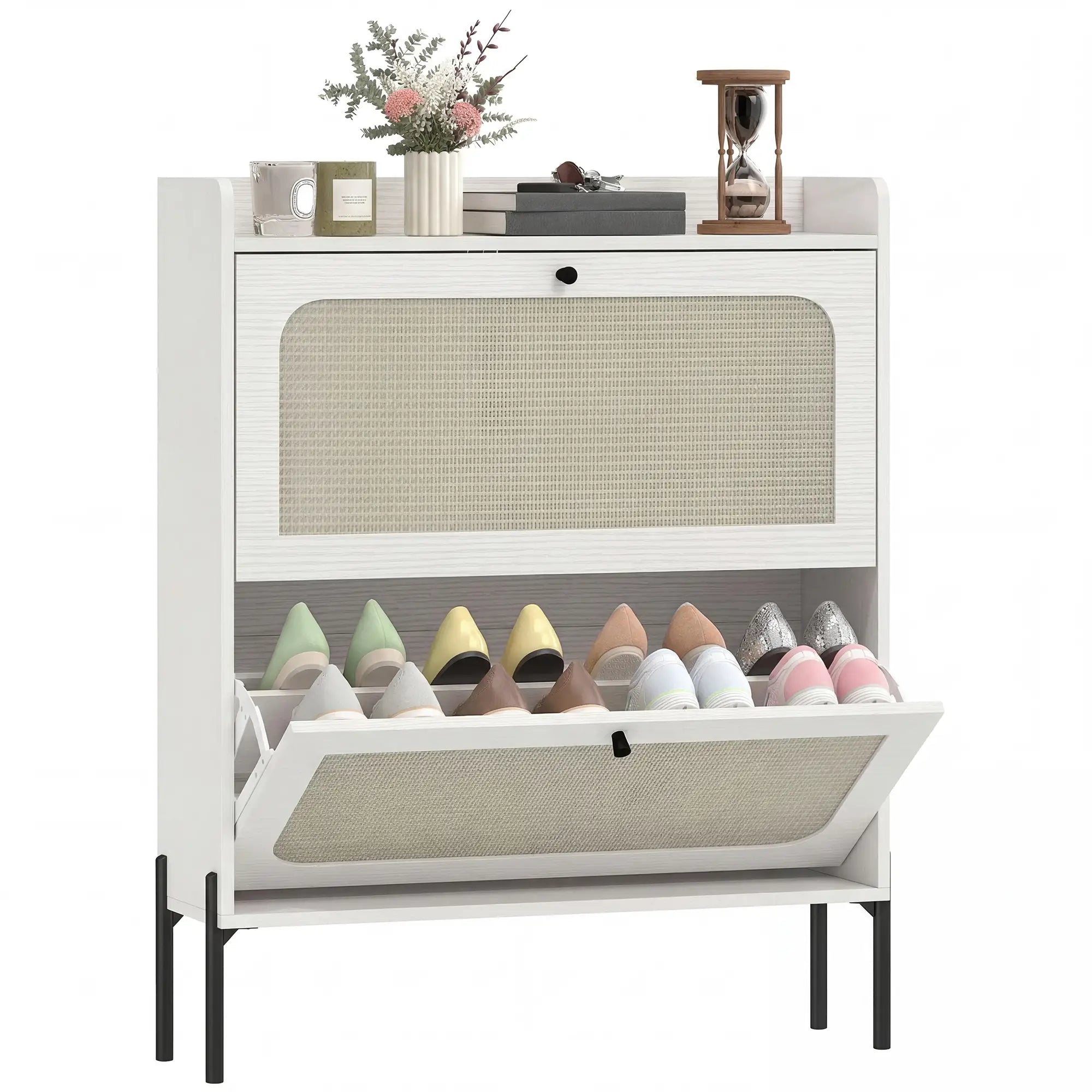 Shoe Cabinet, 2 Flip Drawers, Narrow Boho, White Shoe Storage Cabinets & Racks White, Black at Gallery Canada