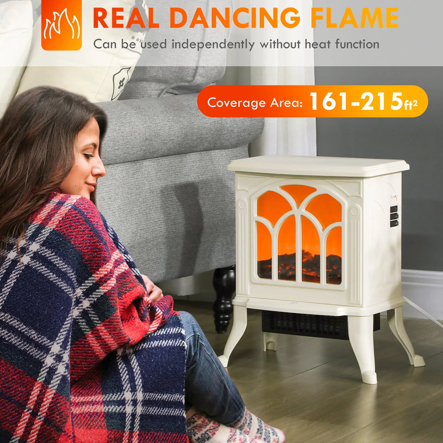 Freestanding Electric Fireplace Heater, Realistic Flame, Beige