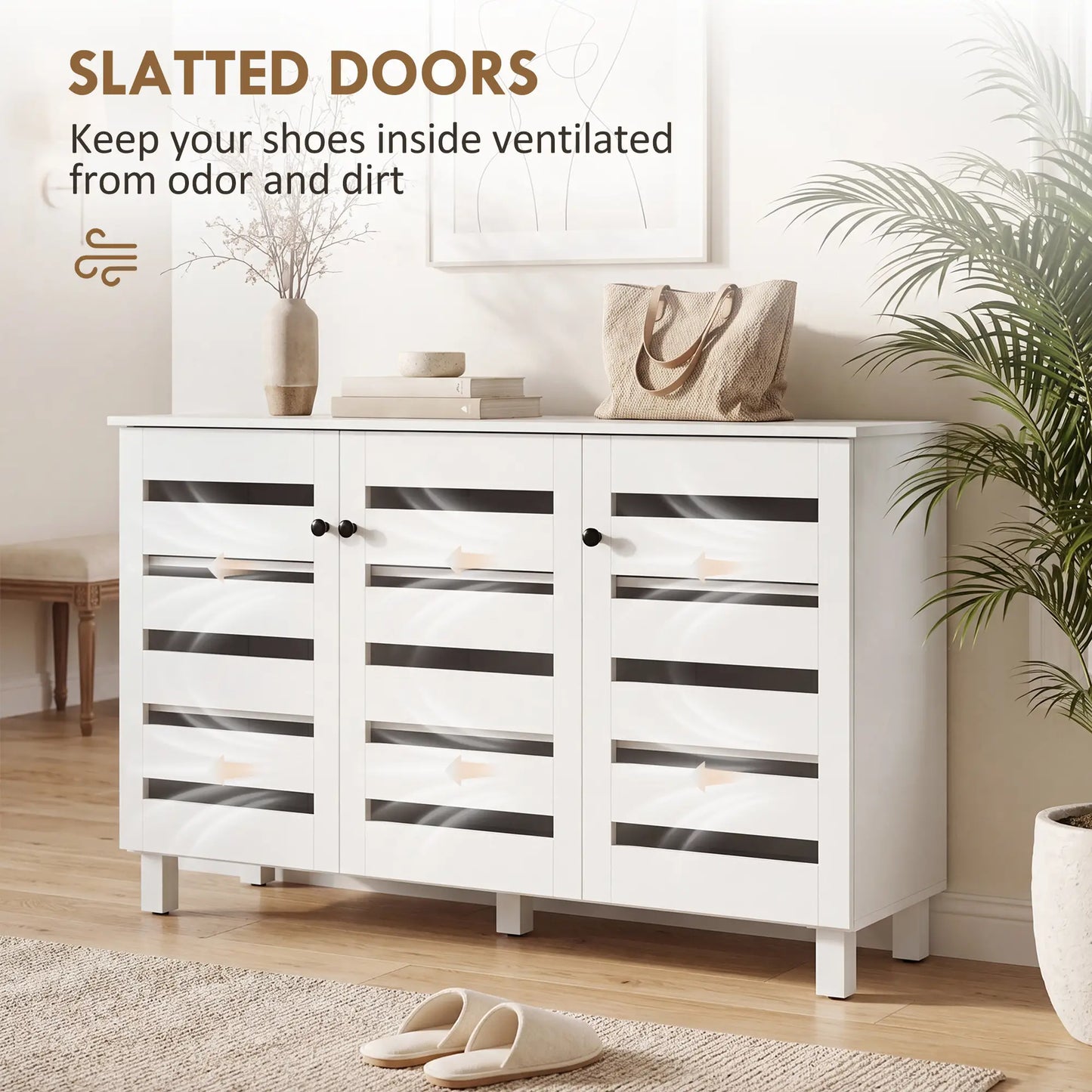 3-Door Shoe Cabinet, 3-Tier Adjustable Shelves For 15 Pairs, White