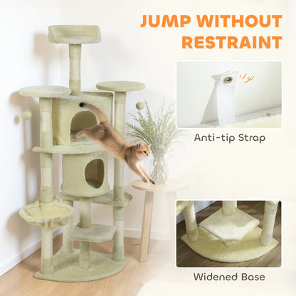 62" Cat Tree, Scratching Post, 2 Condos, Hammock, Perches, Beige