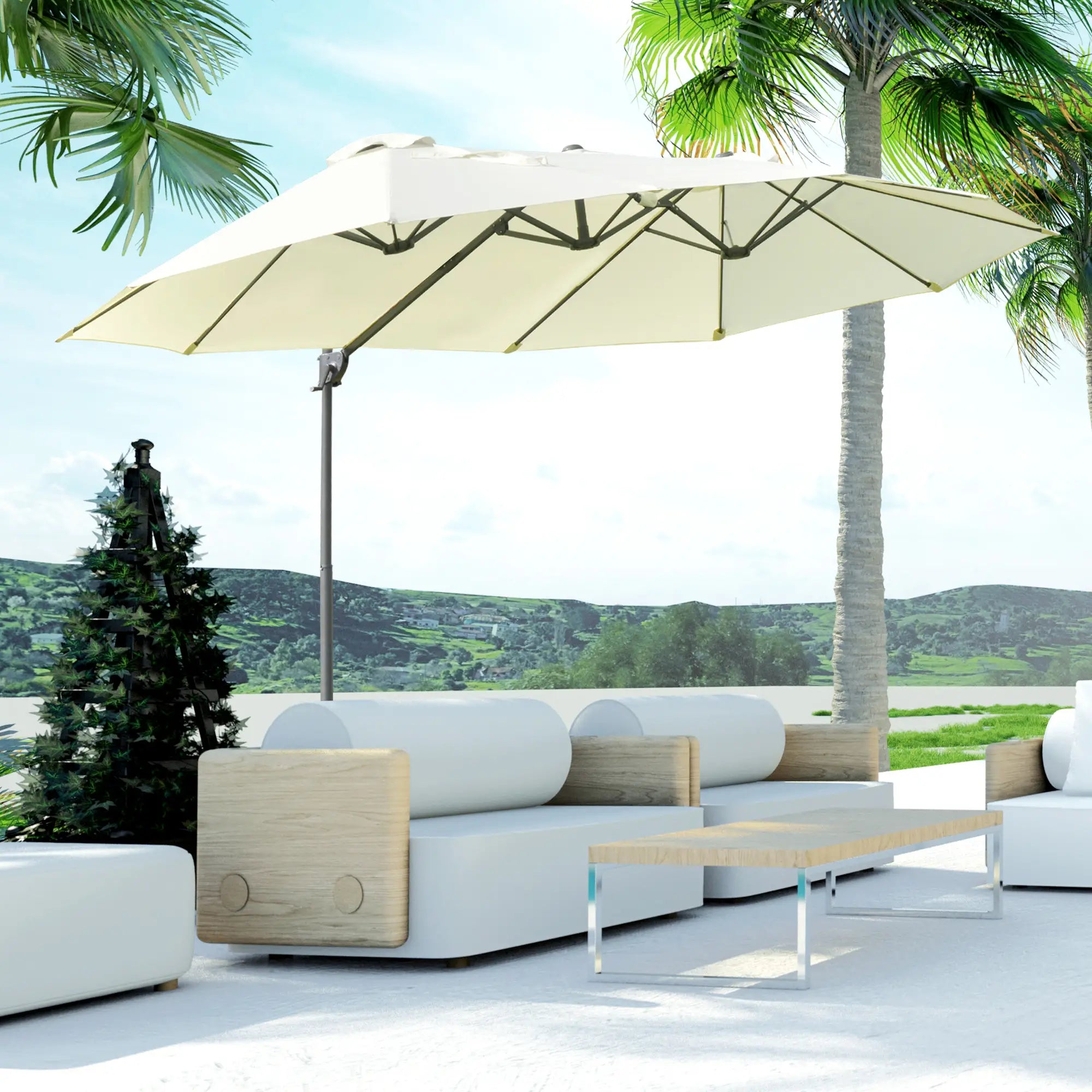 Outdoor Cantilever Umbrella, Twin Canopy Sunshade, Lift, Beige Cantilever Umbrellas at Gallery Canada