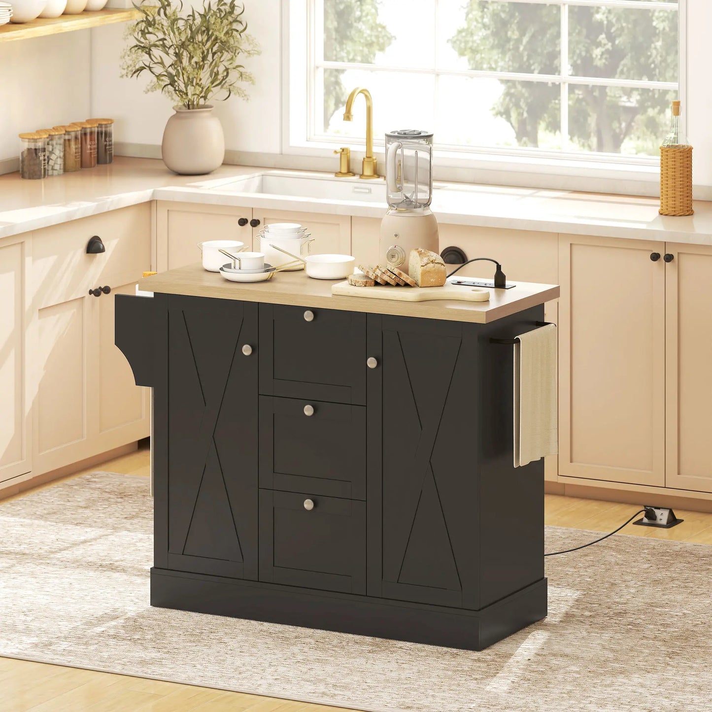 Farmhouse Kitchen Island Cart with Power Outlet, 49 Inch, Black Kitchen Islands & Kitchen Carts at Gallery Canada