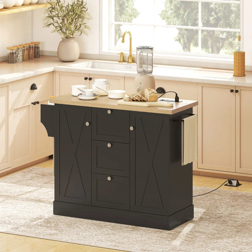 Farmhouse Kitchen Island Cart with Power Outlet, 49 Inch, Black