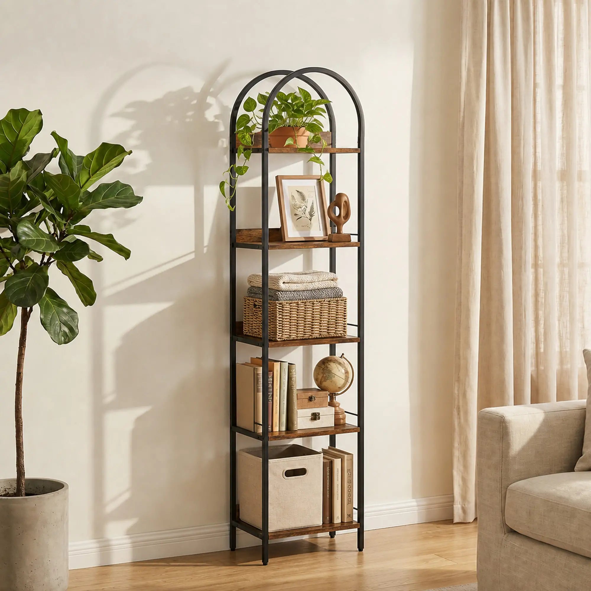 Bookshelf 5 Tier Arched Bookcase, 69.5
