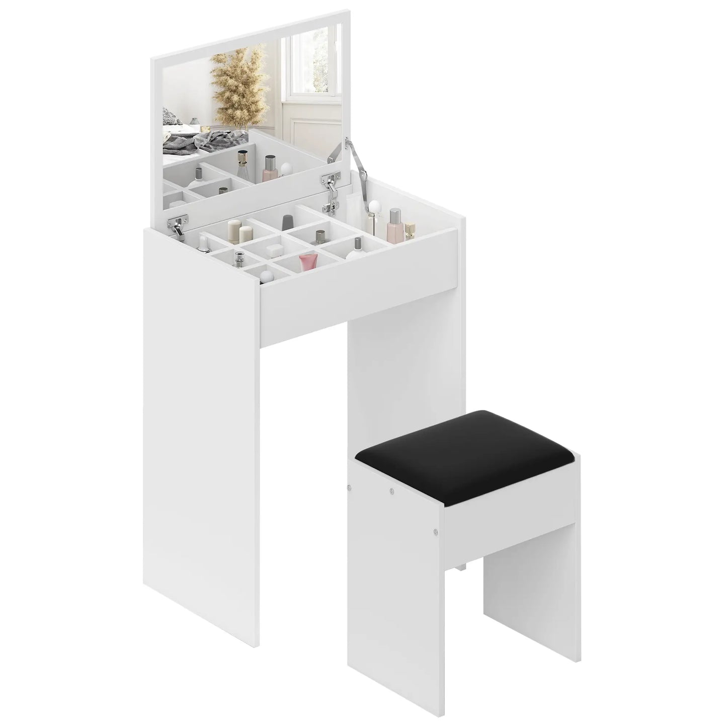 Ensemble de coiffeuse moderne, table de maquillage avec tabouret rembourré, miroir rabattable, blanc