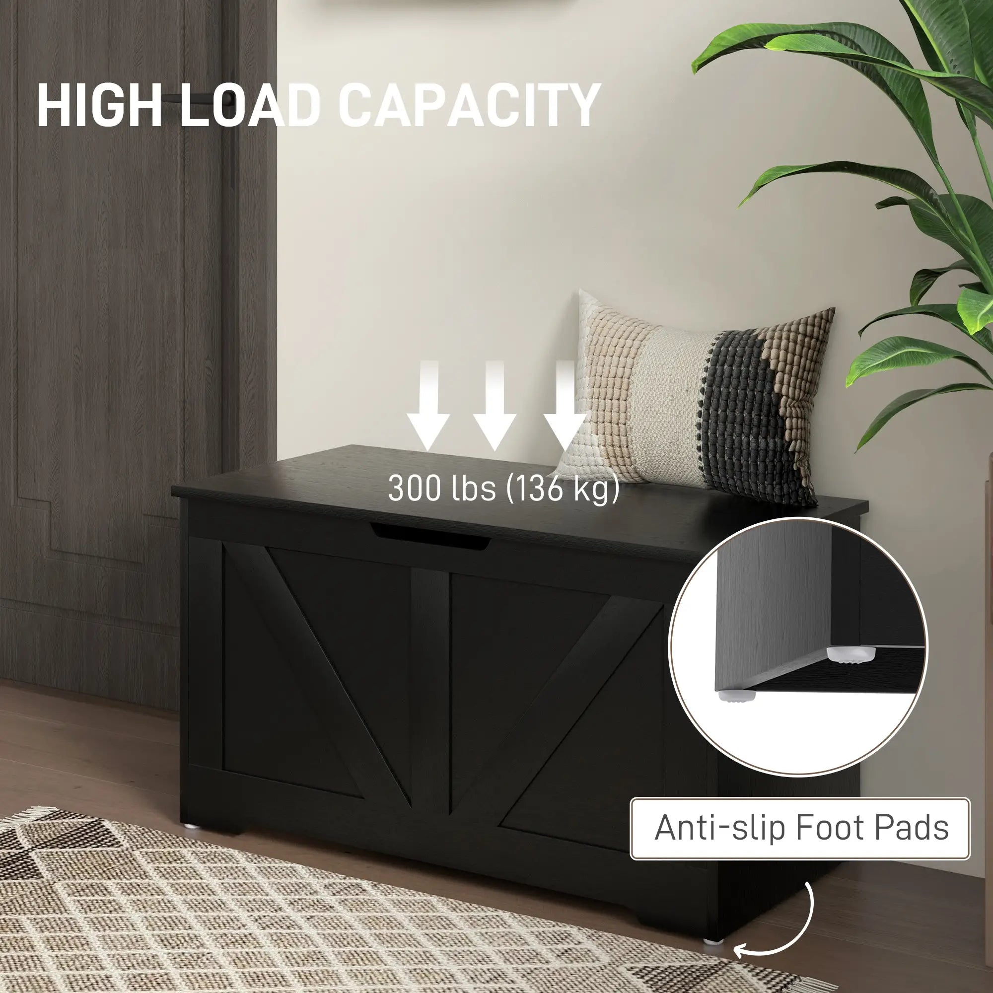 31.5 Inches Storage Chest, Wooden Box with Safety Hinges, Wood Grain, Black Storage Cabinets at Gallery Canada