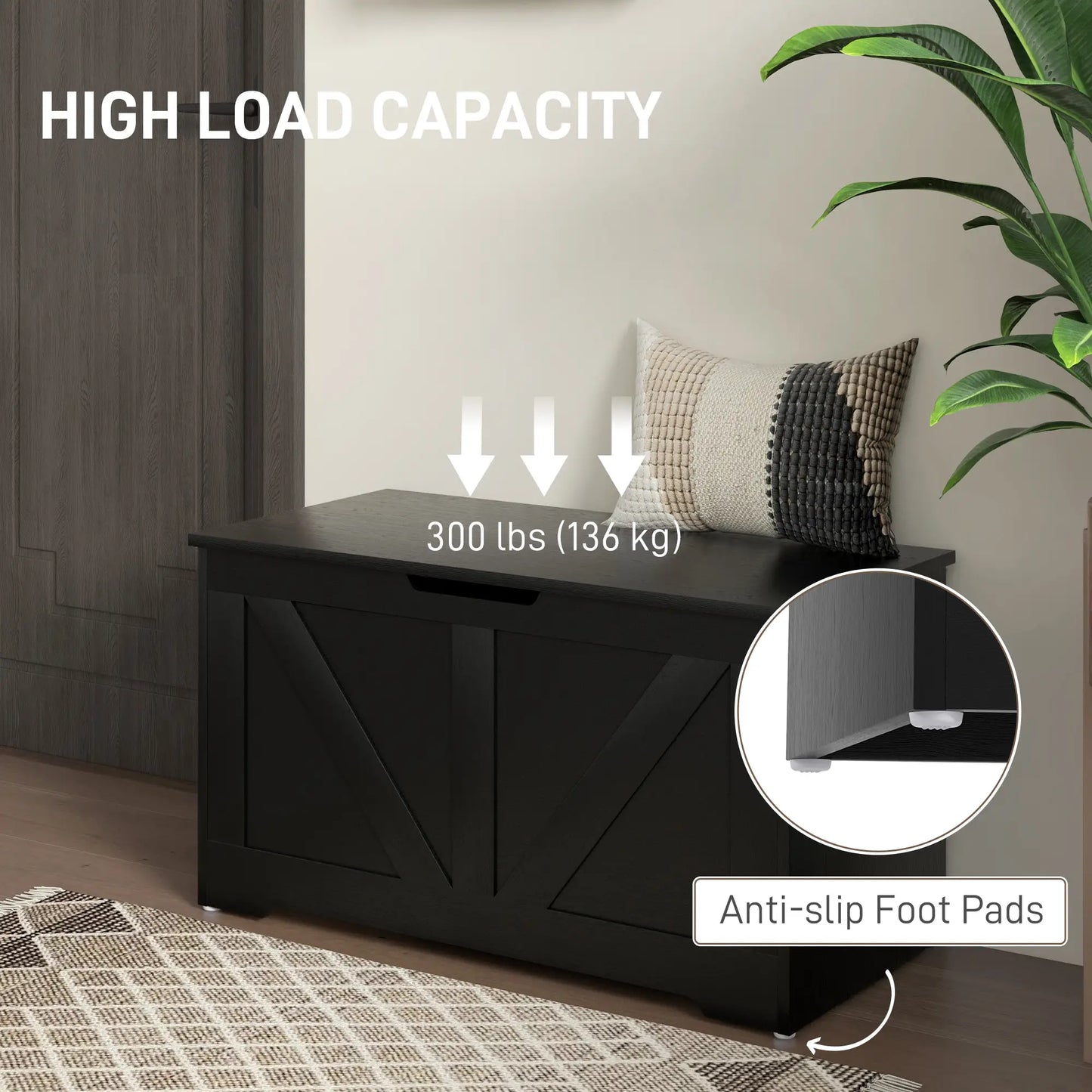 31.5 Inches Storage Chest, Wooden Box with Safety Hinges, Wood Grain, Black Storage Cabinets at Gallery Canada