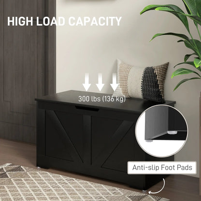 31.5 Inches Storage Chest, Wooden Box with Safety Hinges, Wood Grain, Black Storage Cabinets at Gallery Canada