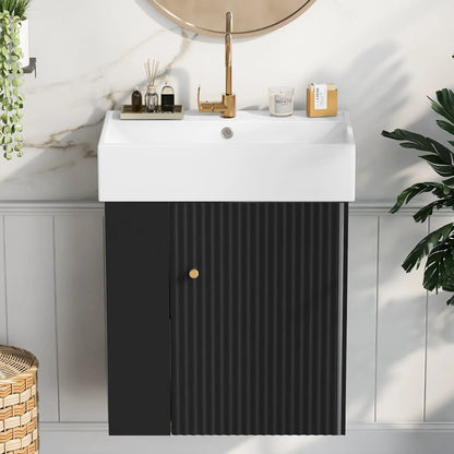 Floating Bathroom Vanity, Ceramic Basin, Side Storage, 21.5" L x 12" W x 26.5" H, Black Sink Cabinets at Gallery Canada