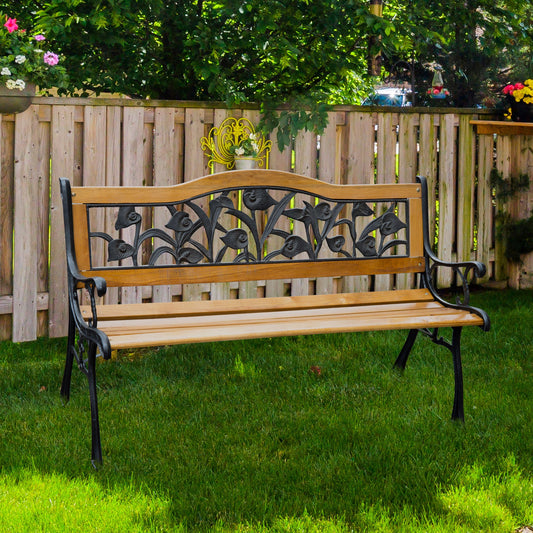 50" 2-Seater Garden Bench Chair, Loveseat for Yard, Lawn, Porch, Patio, Cast Iron/ Wooded, Natural - Gallery Canada