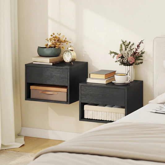 Floating Nightstand Set of 2, Wall Mounted Bedside Table with Drawer, Black Bedside Tables Black at Gallery Canada