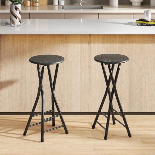 Set of 2 Foldable Barstools, Counter Height with Footrest, Steel Legs, Black