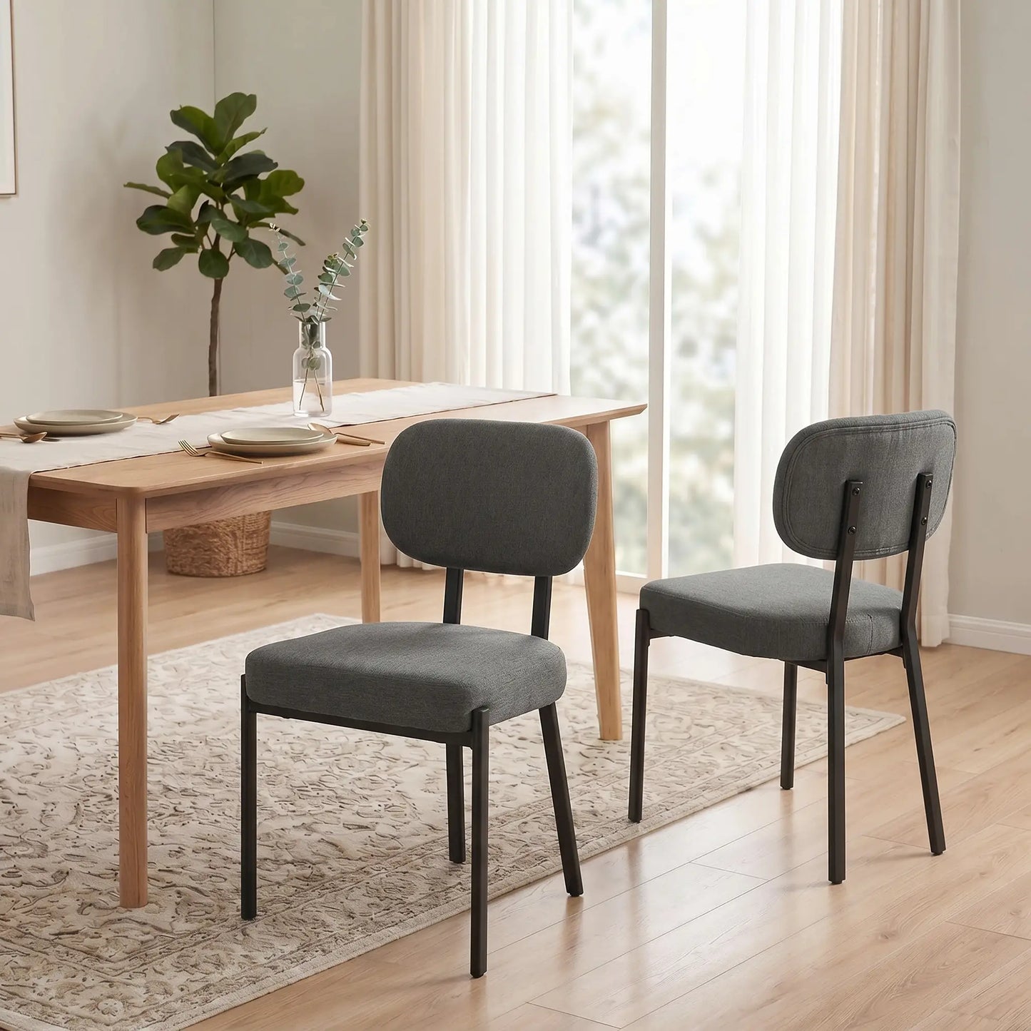 Set Of 2 Upholstered Grey Linen Kitchen Dining Chairs, Grey
