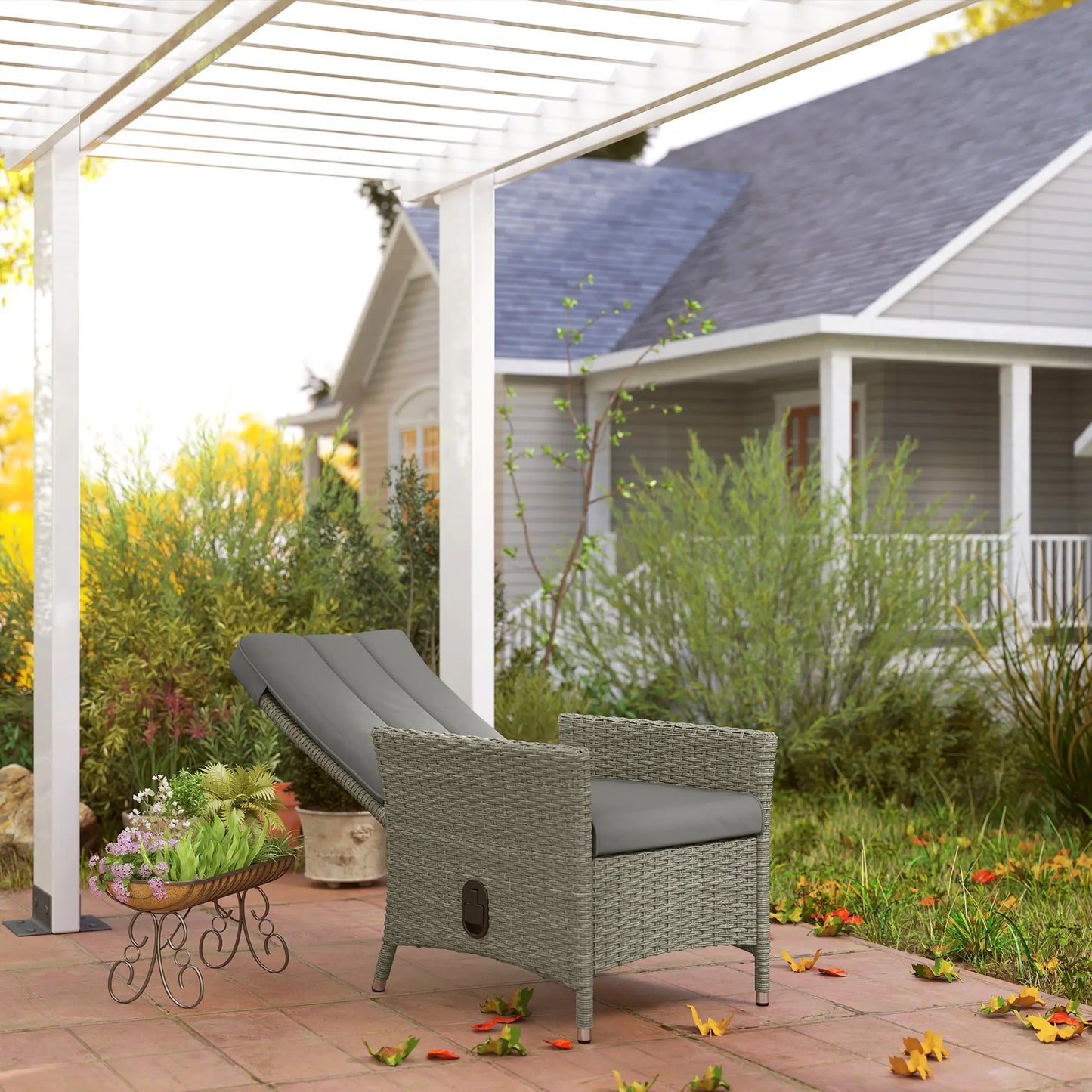 Wicker Outdoor Recliner Chair, Adjustable Backrest With Cushion, Grey Wicker Chaise Loungers at Gallery Canada