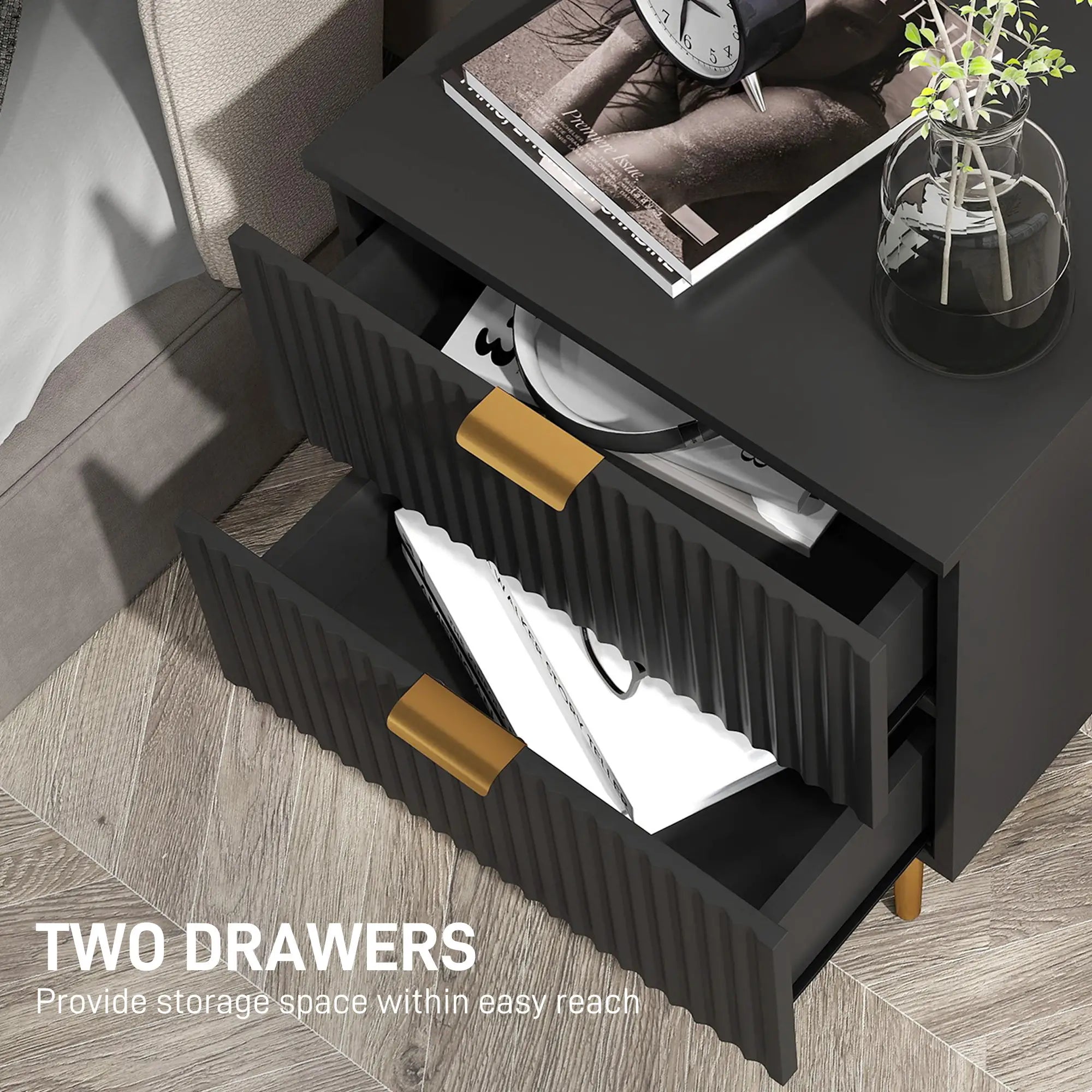 Modern Nightstand, 2 Drawers, Metal Legs, Black Bedside Tables at Gallery Canada