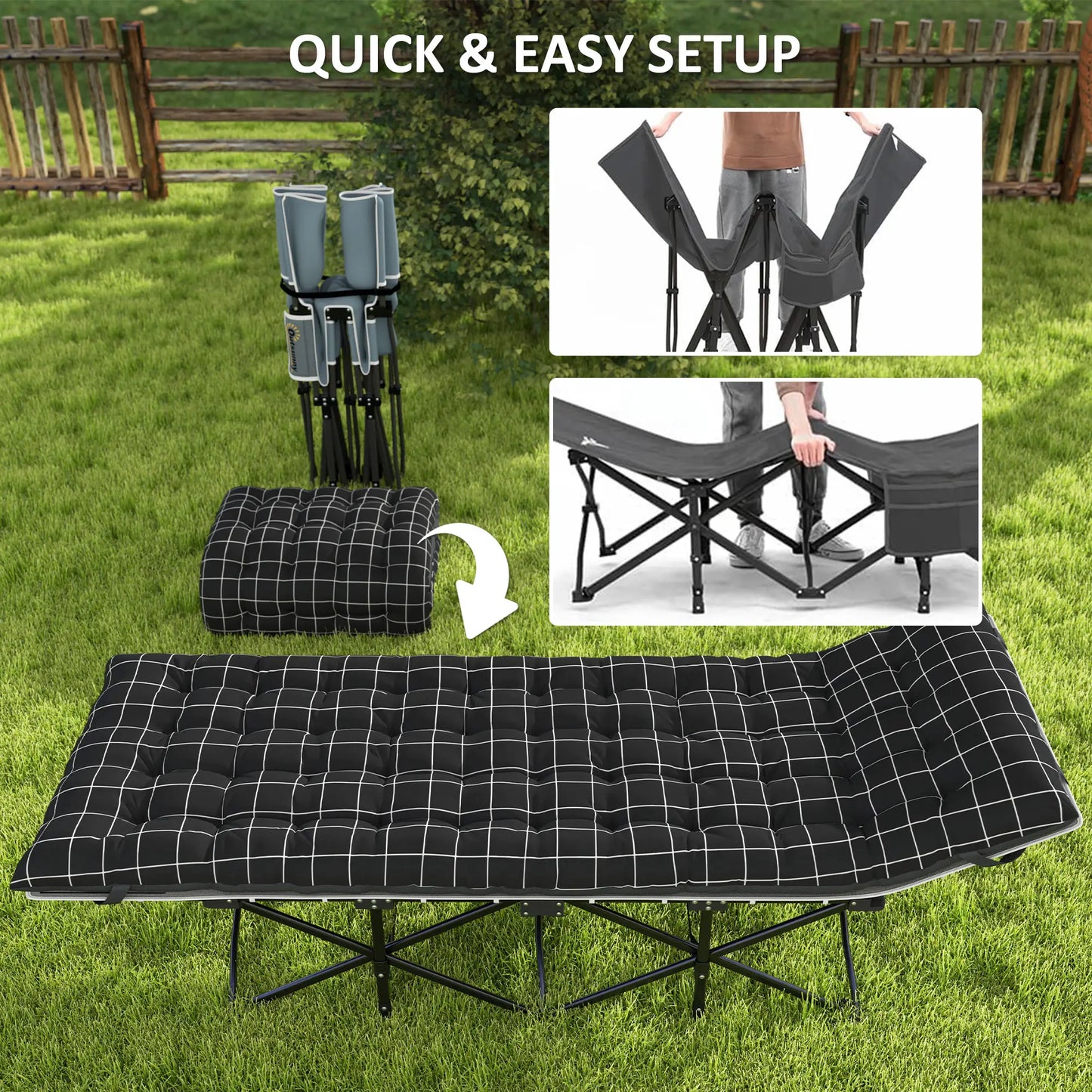 26.4" Wide Folding Camping Cot, Mattress, Storage Pocket, Carry Bag, 330 LBS, Black Camping Cots at Gallery Canada