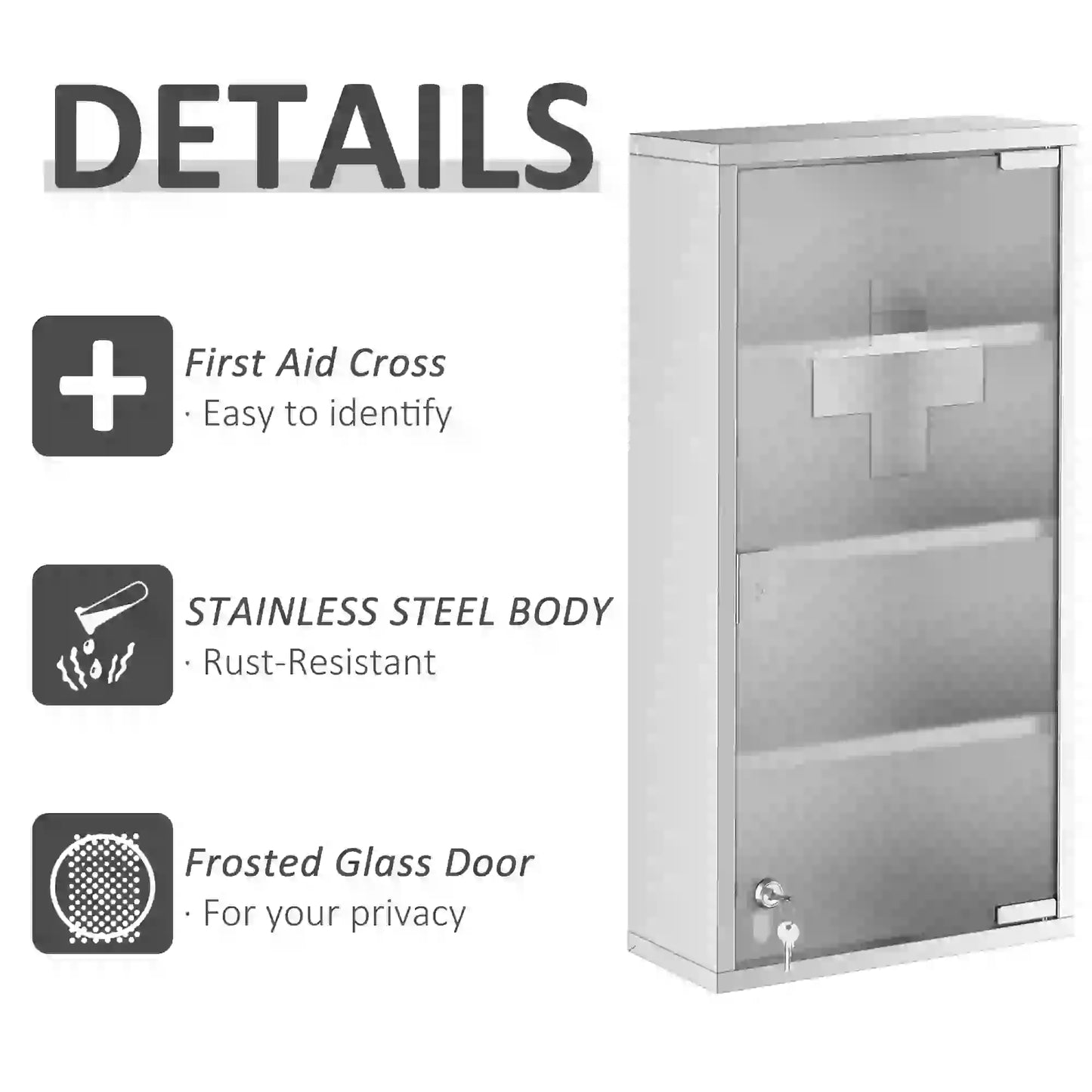 Wall Mount Medicine Cabinet, 4 Tier Shelves, Stainless Steel Frame, Glass Door, Lockable, 12" x 23.5", Silver Mirror Medicine Cabinets at Gallery Canada