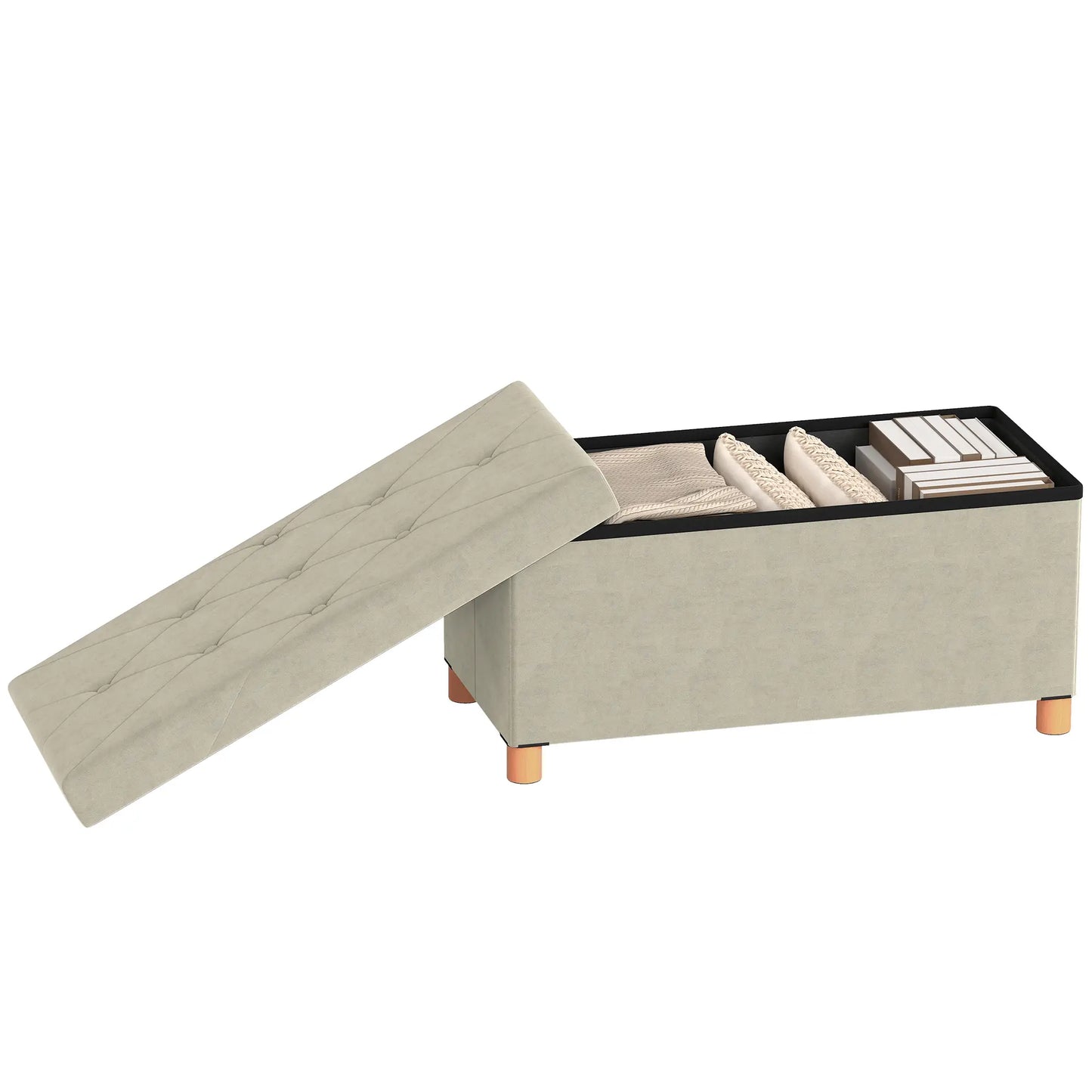 Velvet Upholstered Foldable Storage Ottoman Bench, Wood Legs Storage Ottomans & Benches Cream at Gallery Canada