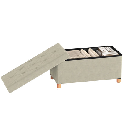 Velvet Upholstered Foldable Storage Ottoman Bench, Wood Legs Storage Ottomans & Benches Cream at Gallery Canada