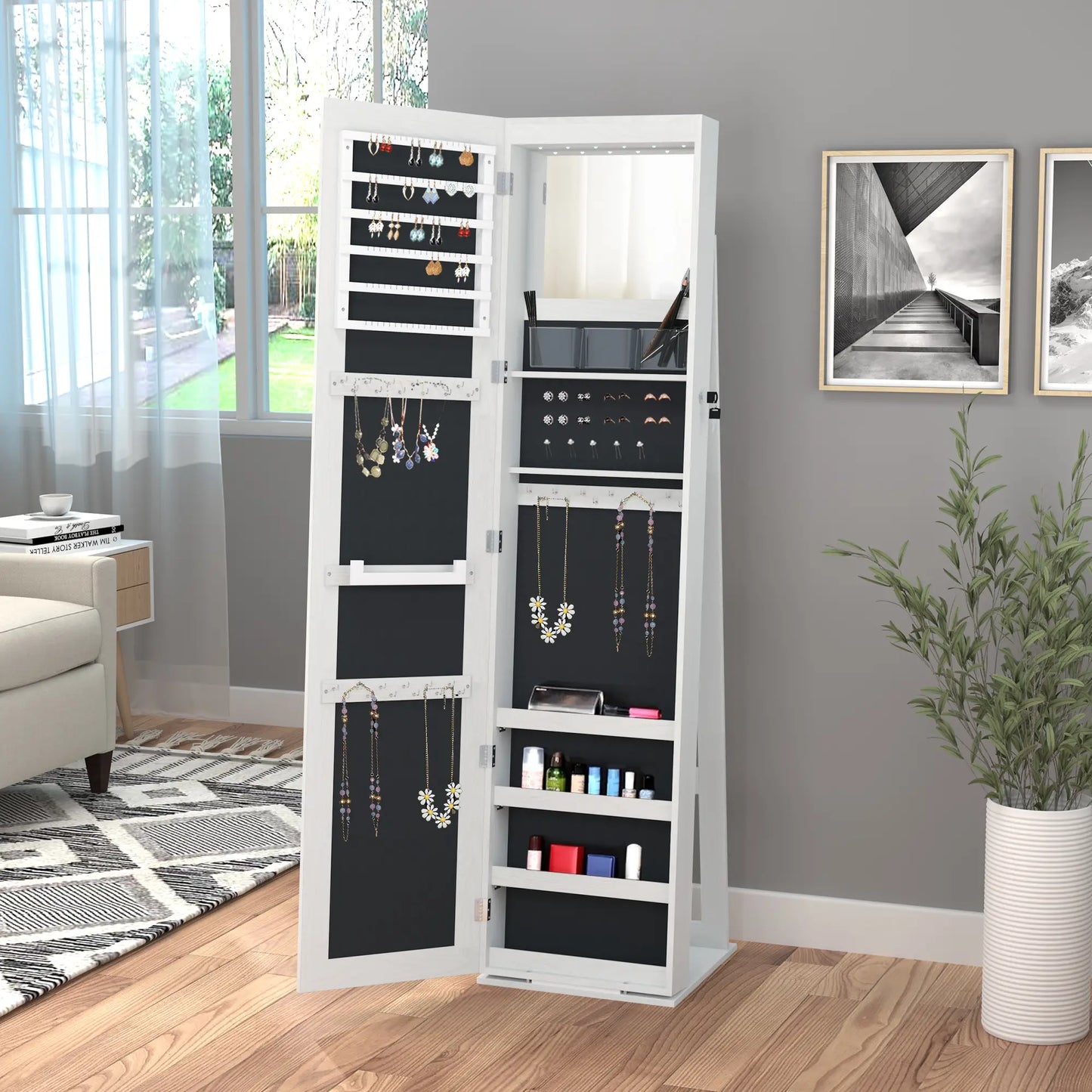 Mirror Jewelry Cabinet, Lockable Organizer with LED Lights, White Wood, White Jewelry Armoire & Jewellery Mirror Cabinets at Gallery Canada